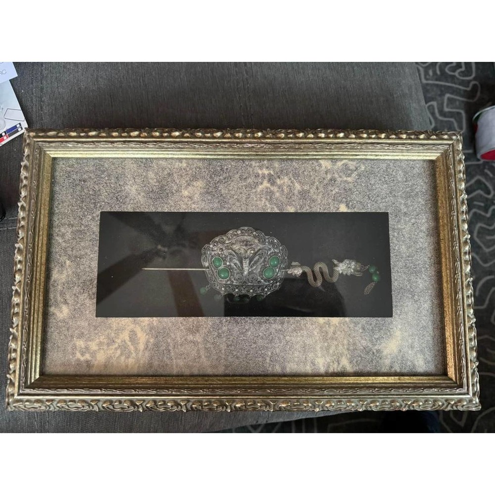 Ornate Shadow Box Framed Sculpted Metal Hair Piece w/ Green Dragon